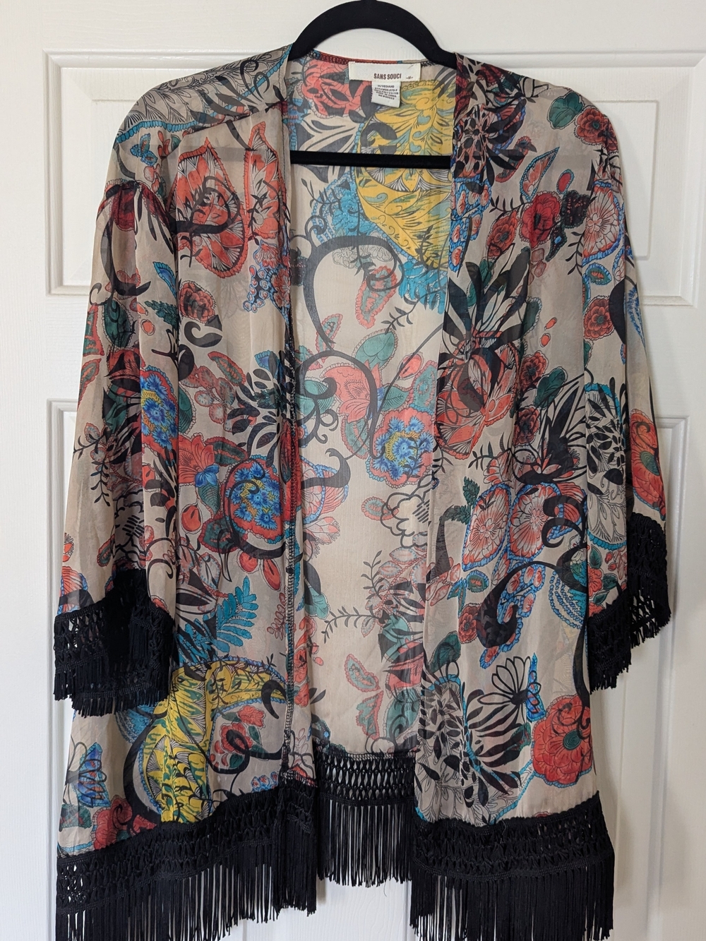 Sans Souci Beige Floral Fringe Kimono Sweater